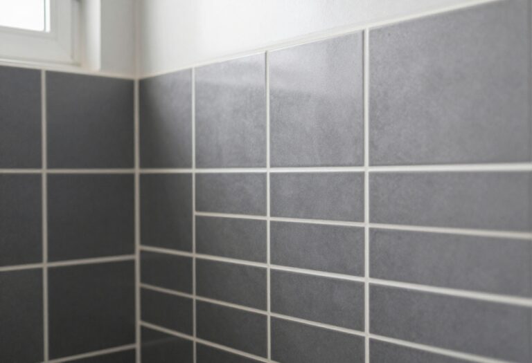 Clean bright bathroom grout between dark gray tiles