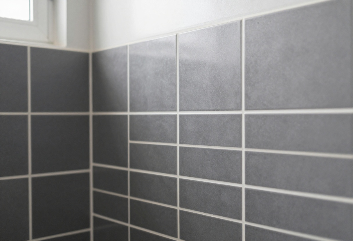 Clean bright bathroom grout between dark gray tiles