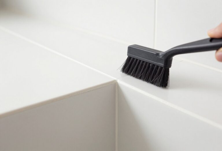 Close-up of clean white grout with cleaning tools