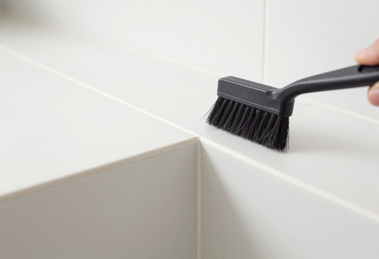 Close-up of clean white grout with cleaning tools