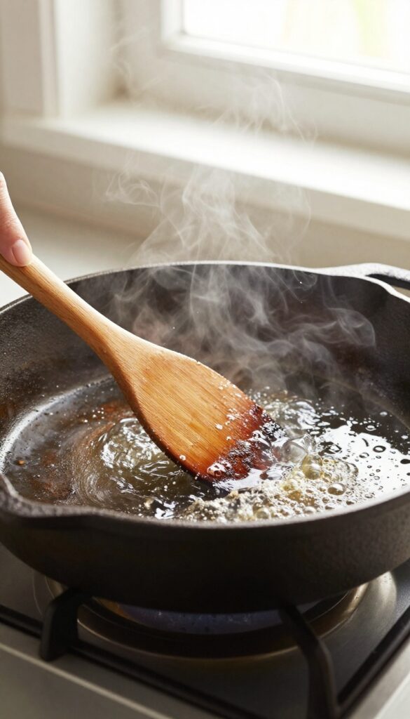 Deglazing a hot cast iron skillet with water or broth and scraping with a wooden spatula
