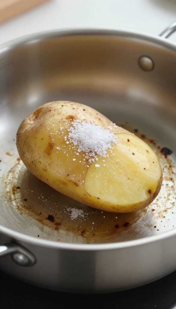 Close-up of a raw potato half dipped in salt rubbing burnt marks on a stainless steel pan