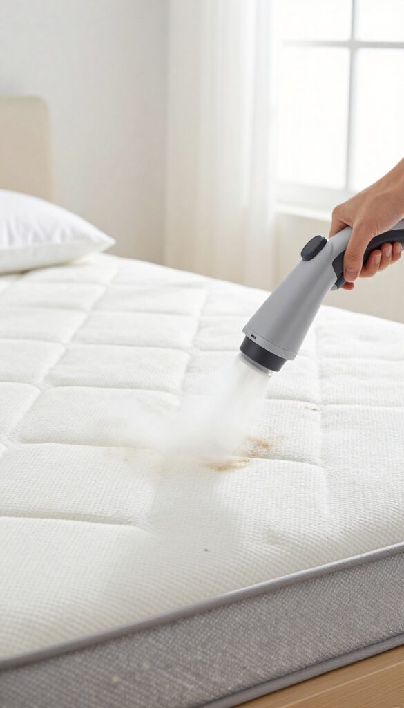 Handheld steam cleaner being used on a mattress to remove stains and sanitize
