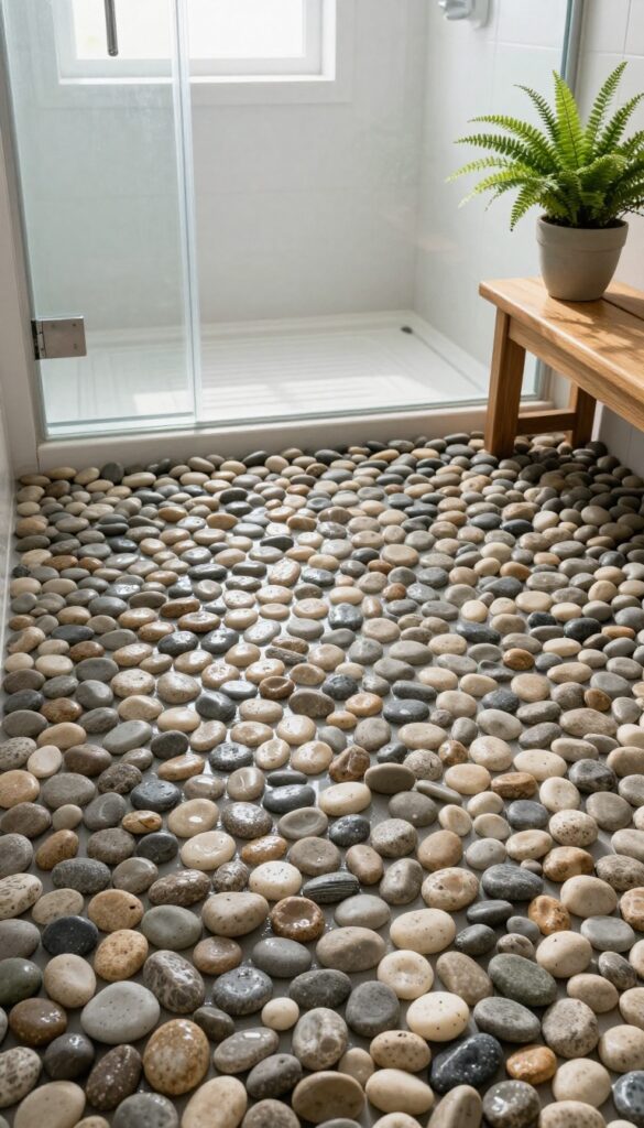 Pebble shower floor with natural light and spa-like decor