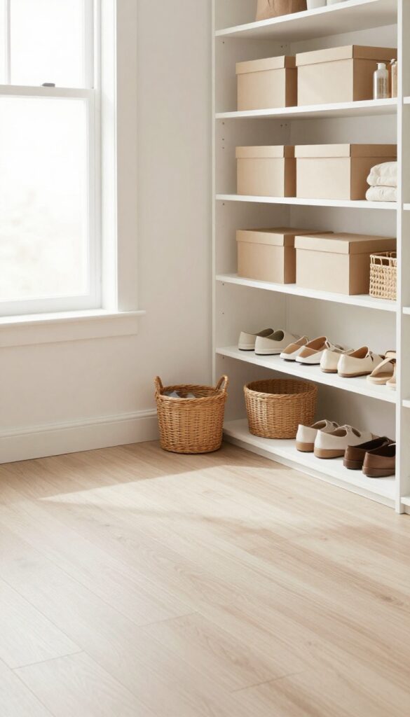 Clean and organized closet floor with shoes on a rack and a storage basket, bright natural light