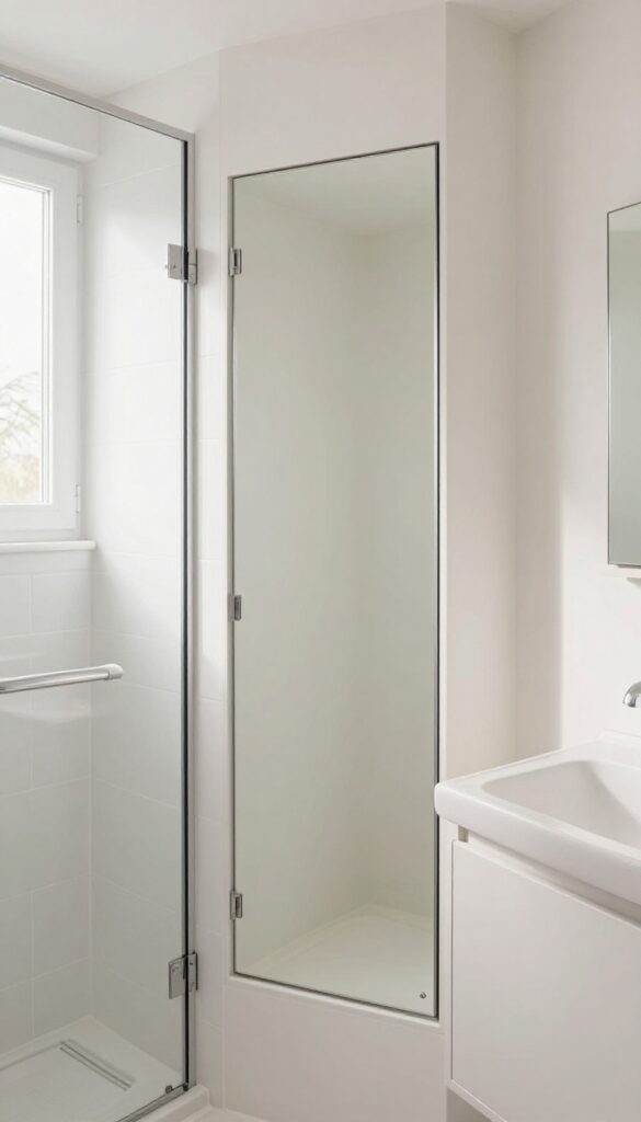 Recessed medicine cabinet in small bathroom with mirror and shower