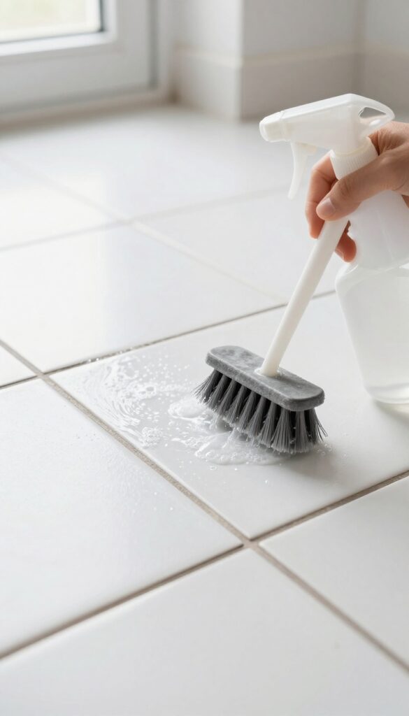 Spray bottle and brush cleaning grout on white tiles