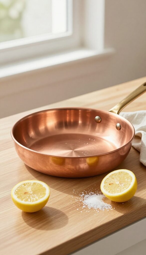 Cleaning a copper pan with lemon and salt on a wooden countertop