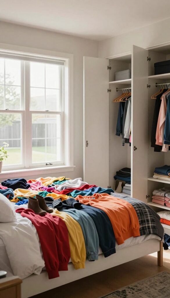Clothes piled on a bed after emptying a closet, with sunlight and open closet doors.