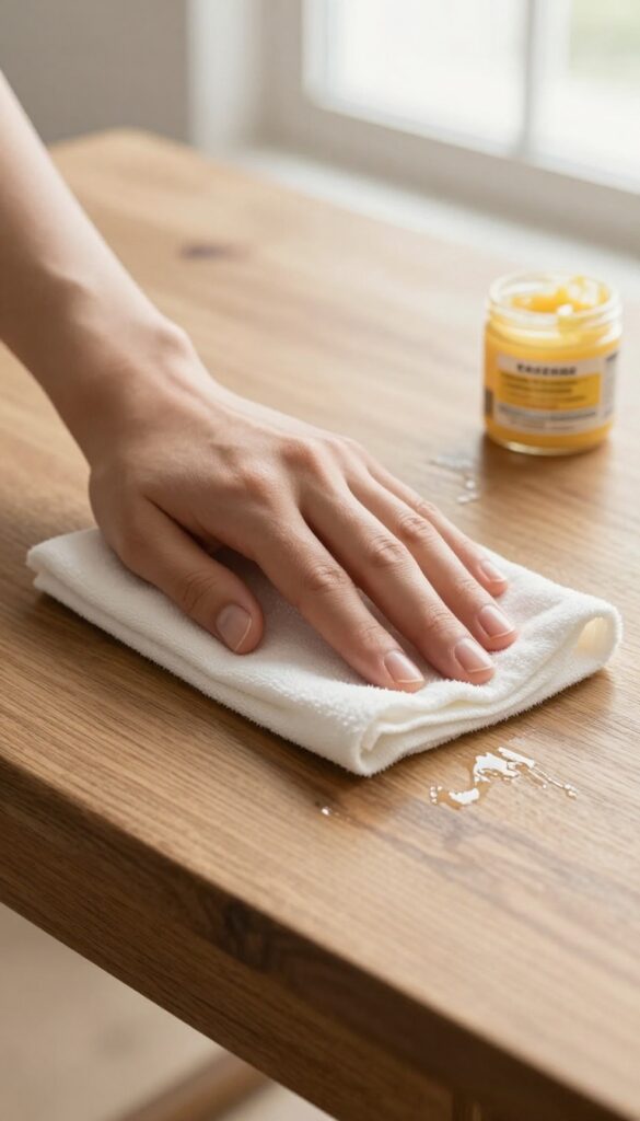 Hand wiping cloudy wax buildup from antique wood table with turpentine, revealing warm wood grain