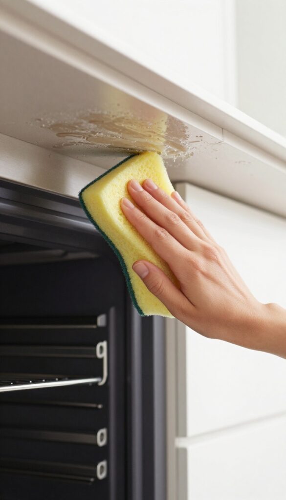 Person cleaning oven ceiling with a sponge and dishwasher pod solution