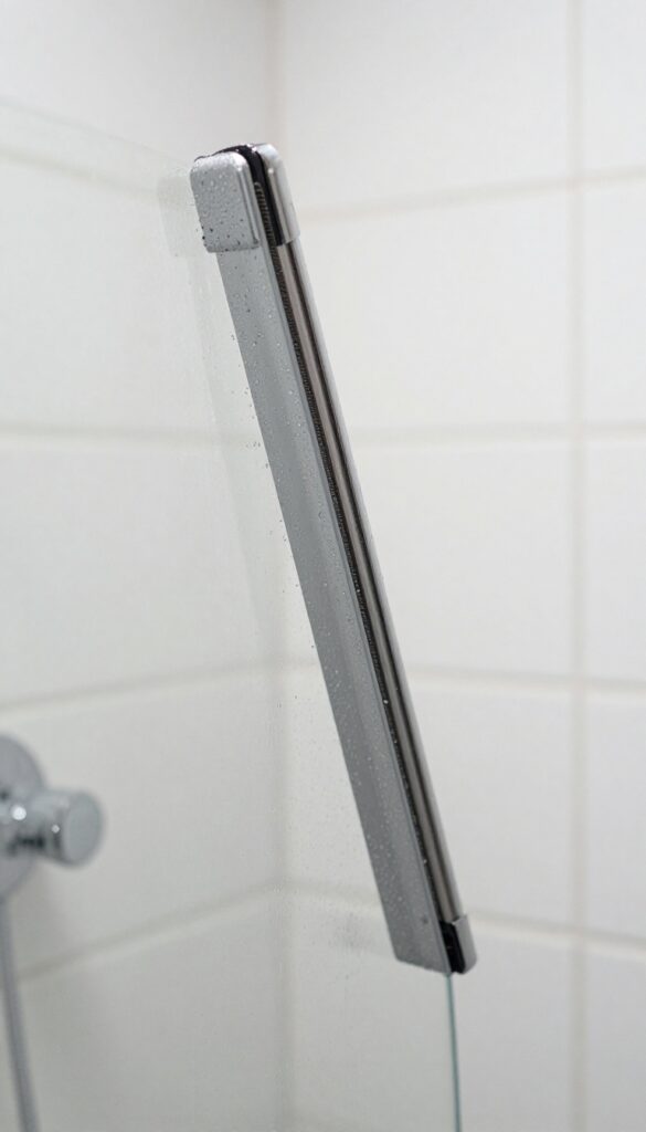 Clean glass shower door with squeegee and water droplets