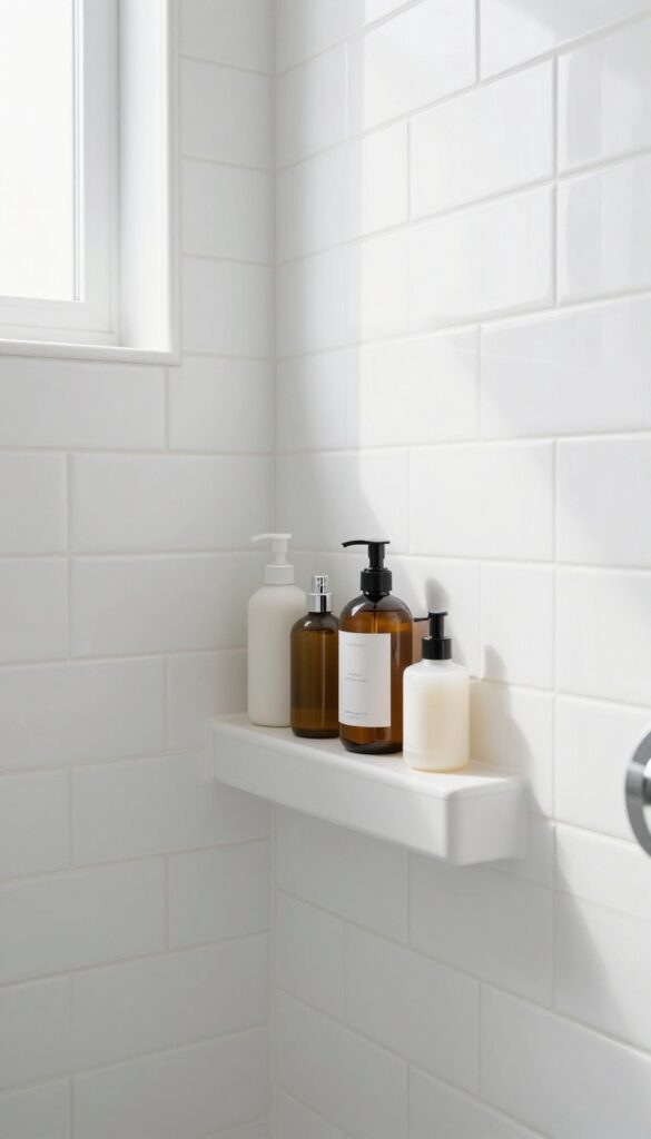 Bright white shower with a recessed tile niche holding bath products, natural lighting, clean and clutter-free design