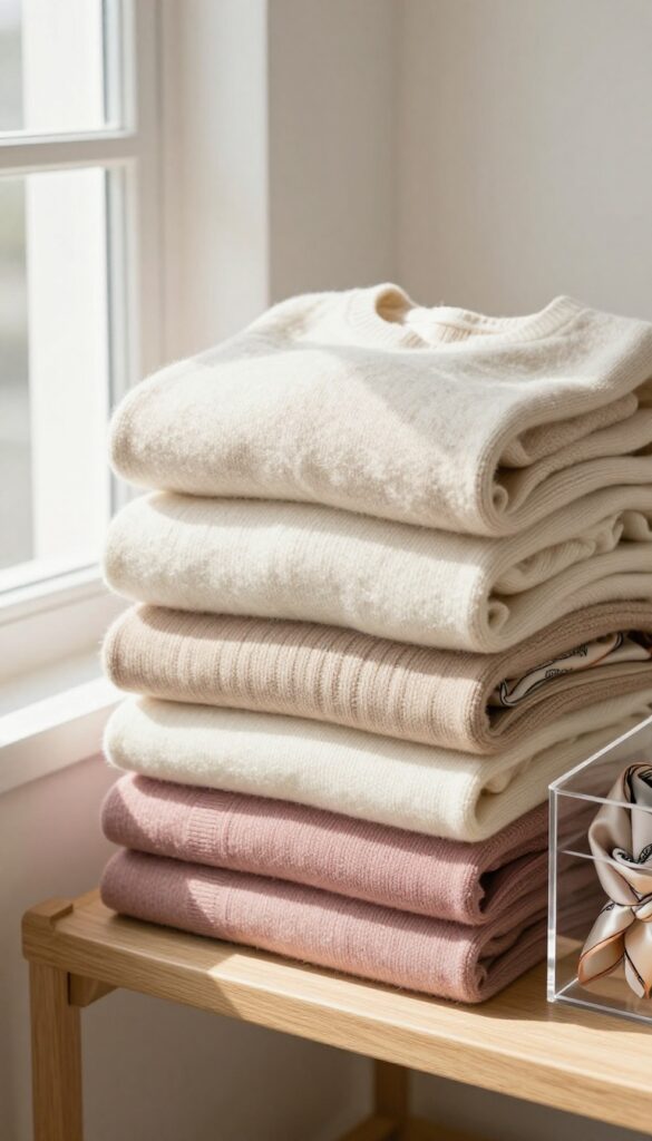Neatly folded sweaters and delicates on a shelf with clear bins and shelf dividers in a bright, organized closet.