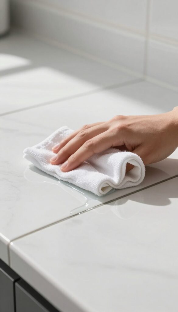 Hand wiping greasy floor grout with rubbing alcohol on a cloth, before and after effect