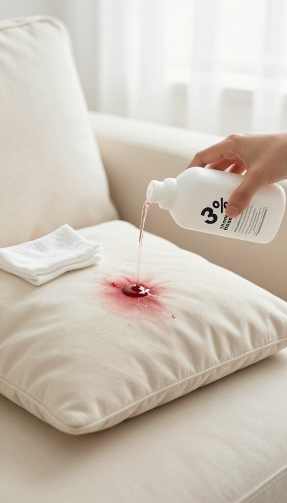 Applying hydrogen peroxide to a red wine stain on a cream sofa cushion