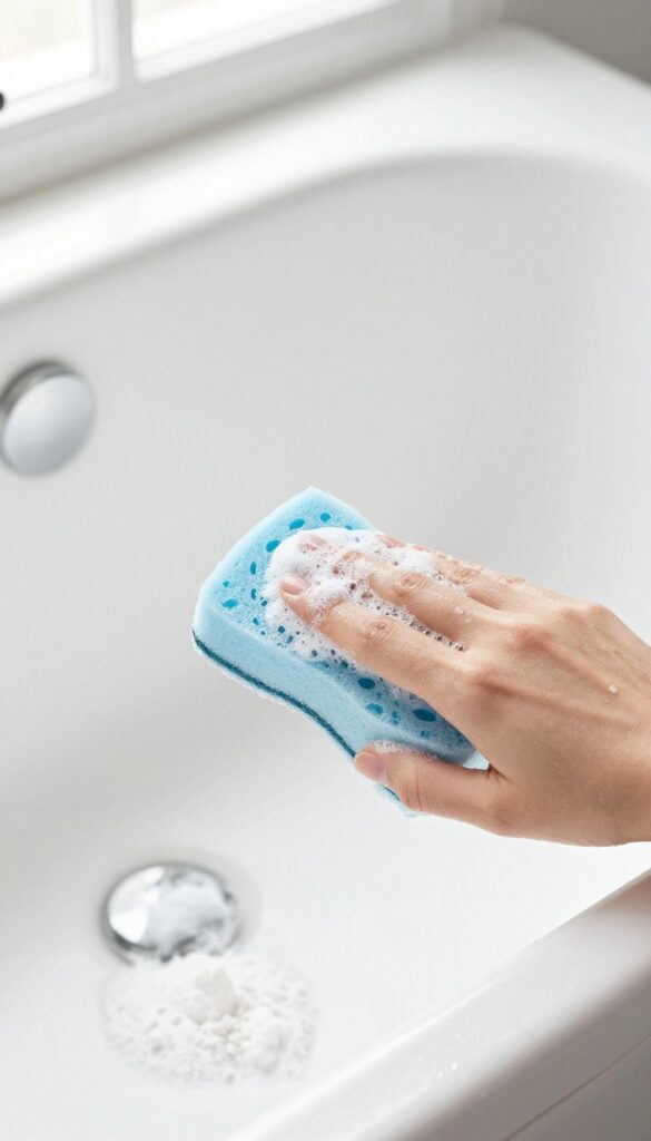 Hand scrubbing a clean white bathtub with a soft blue sponge in circular motions, bright natural light, baking soda paste on tub edge.