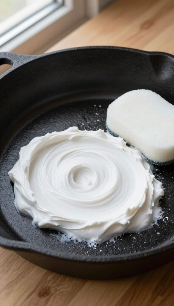 Baking soda paste being applied to a cast iron skillet to remove stubborn stains