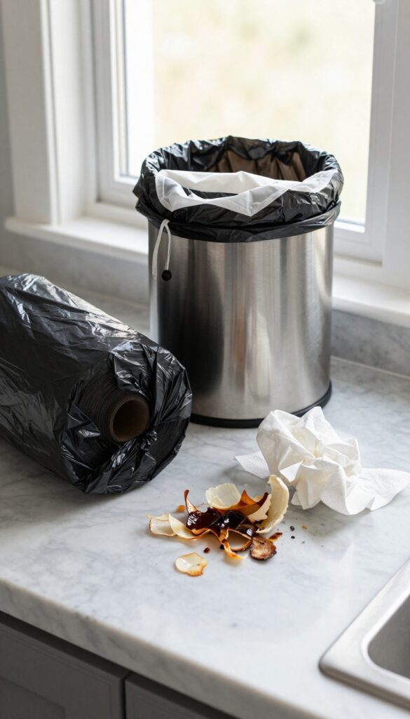 A roll of strong, leak-proof trash bags on a kitchen counter next to a stainless steel trash can, with vegetable peels and coffee grounds nearby.