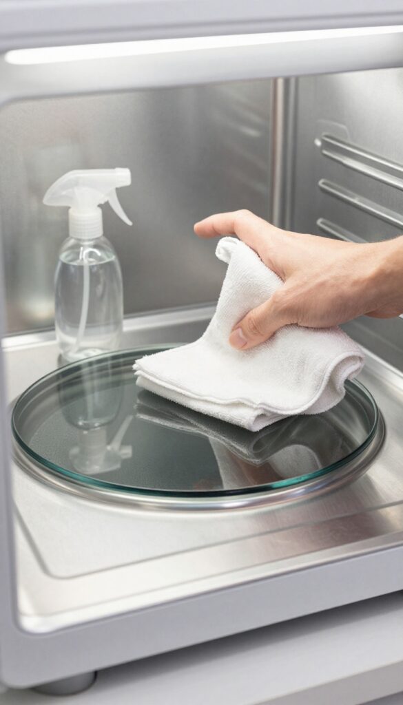 Cleaning microwave interior with rubbing alcohol spray and microfiber cloth
