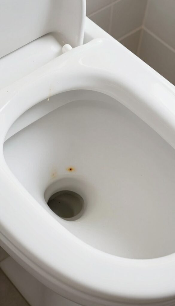 Toilet bowl drained with brush inside, stains visible above waterline
