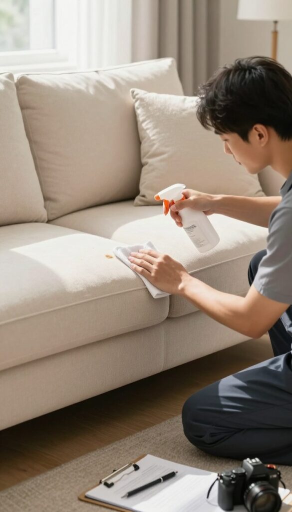 Professional sofa cleaning technician performing a pre-inspection on a beige microfiber sofa in a bright living room