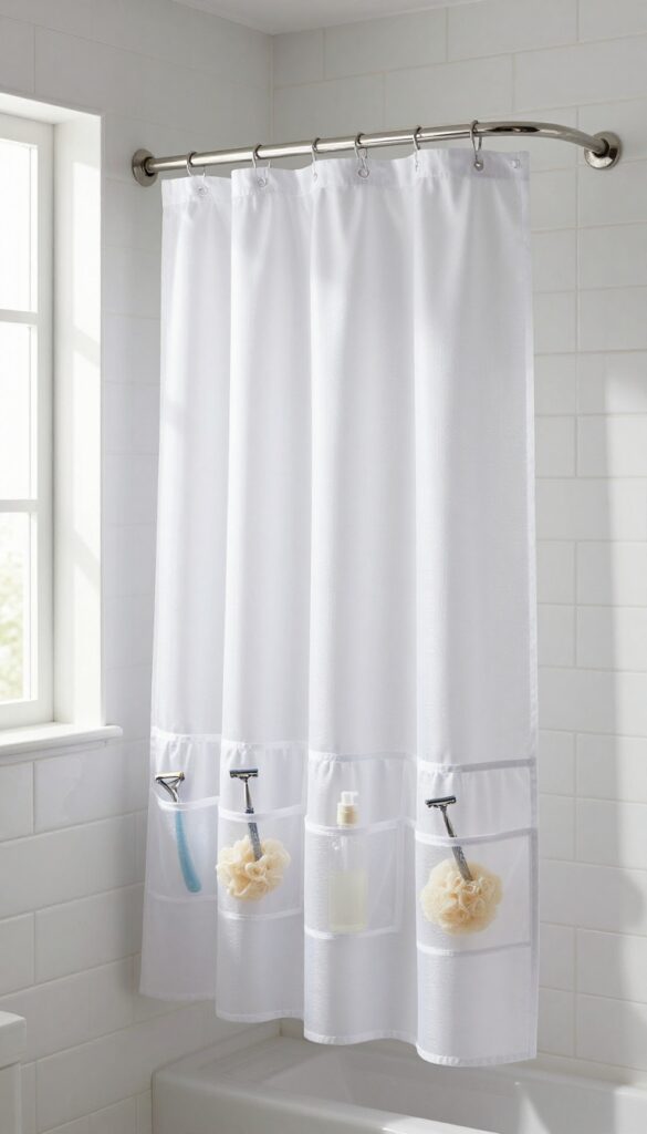 Shower curtain with mesh storage pockets holding a razor, loofah, and shampoo bottle in a bright, clean bathroom.