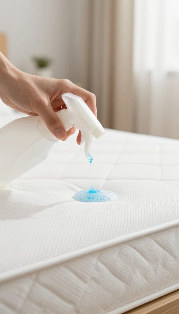 Hydrogen peroxide and dish soap bubbling on a white mattress to remove urine stains
