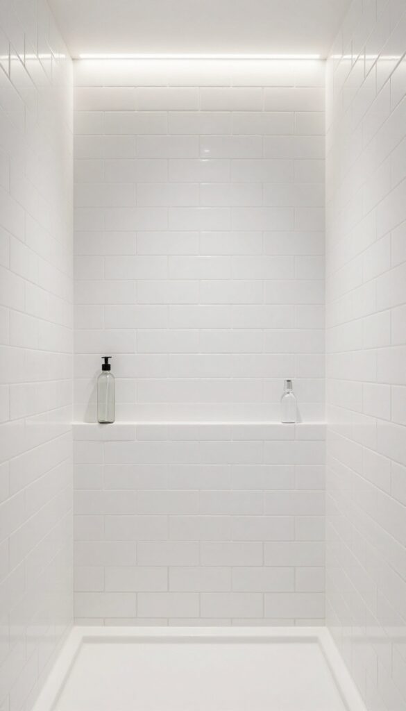 Shower niche with dark charcoal tiles contrasting against white subway tiles, illuminated by LED strip
