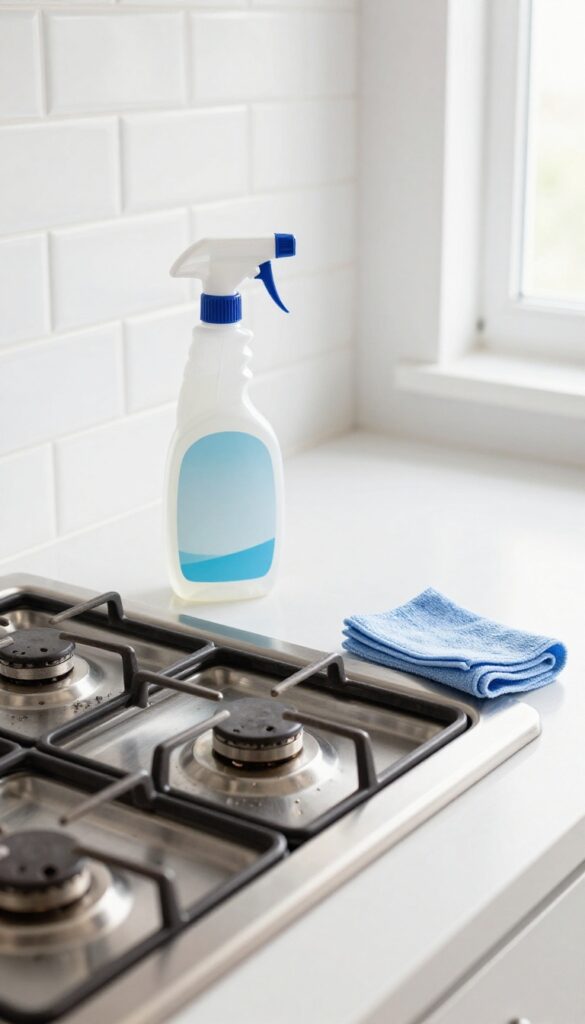 Degreasing a stovetop after cooking with spray and cloth