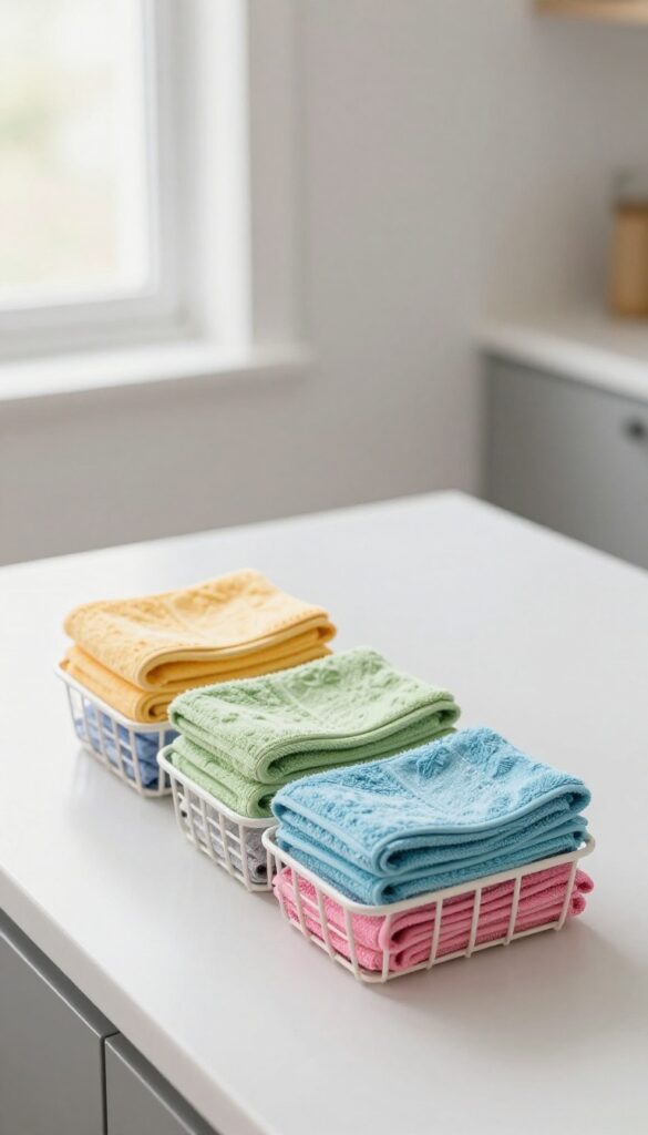 Four color-coded cleaning towels neatly organized in baskets on a kitchen counter