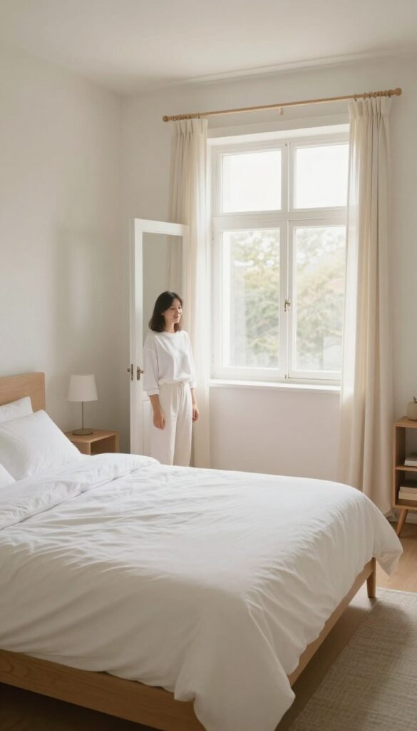 Person standing in doorway of a clean, sunlit bedroom, appreciating the organized space.