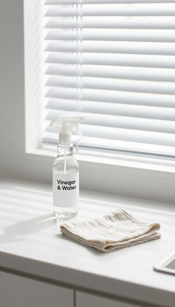 A spray bottle and microfiber cloth on a kitchen counter next to clean blinds, illustrating a DIY dusting spray method.