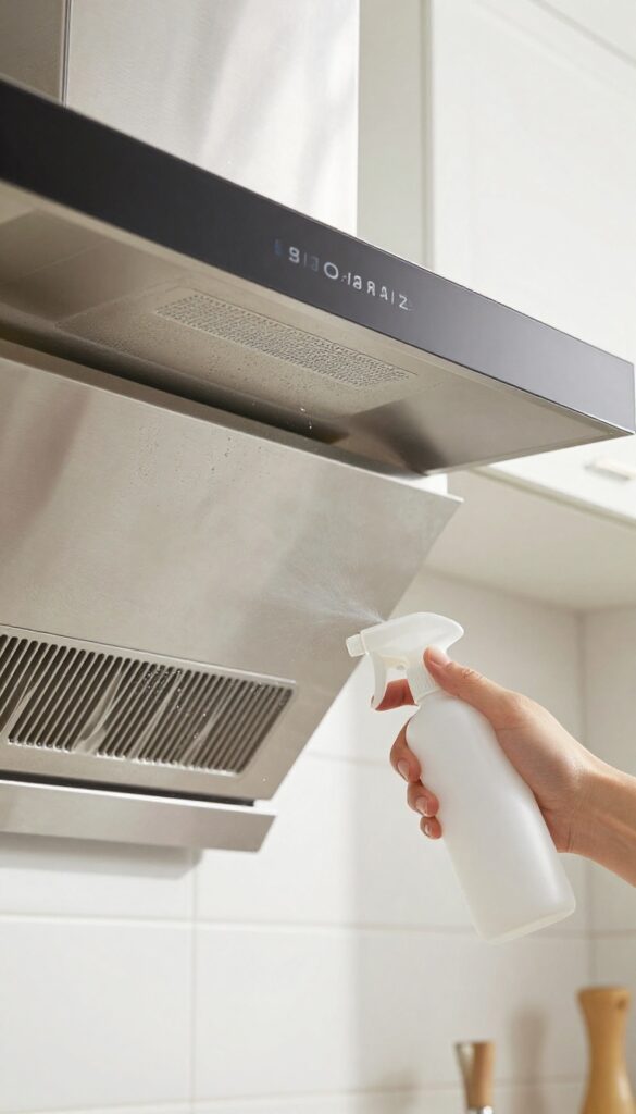 Hand spraying degreaser on a greasy range hood in a bright kitchen
