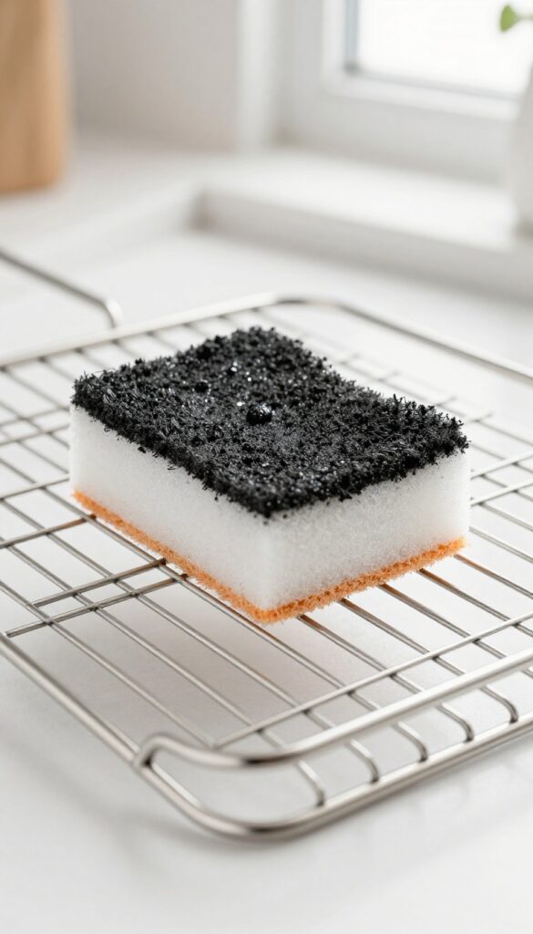 Person scrubbing an oven rack with a magic eraser sponge, removing baked-on grime.