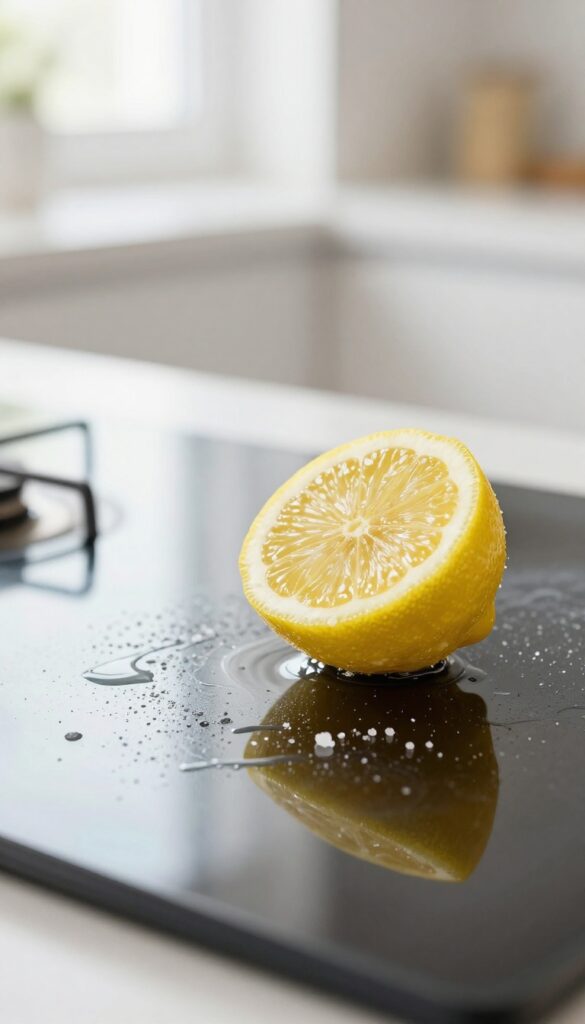 Cleaning a glass cooktop with a lemon and salt scrub