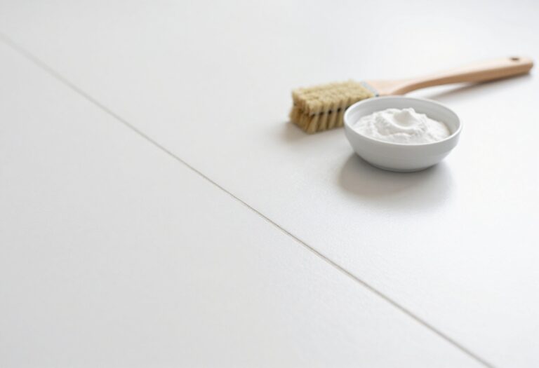 Clean white floor tile grout with a brush and baking soda paste nearby