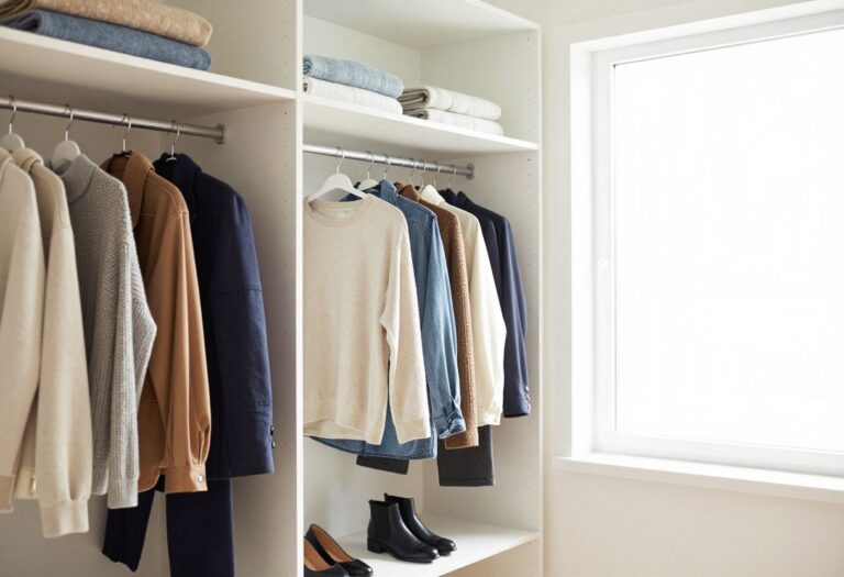 Organized closet with clothes hanging by color, folded sweaters, and shoes on a rack