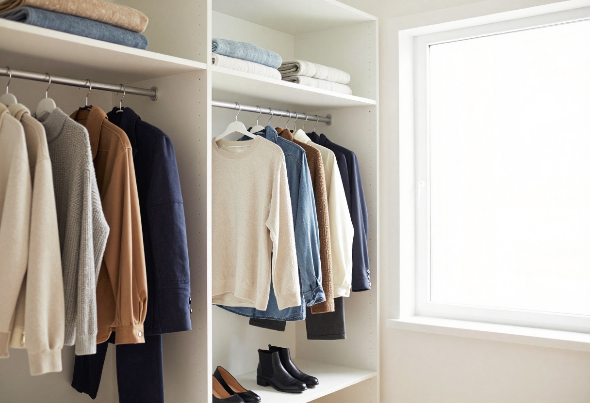 Organized closet with clothes hanging by color, folded sweaters, and shoes on a rack