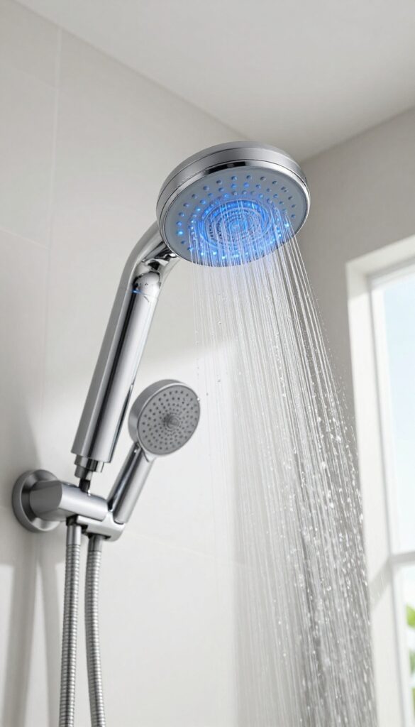Modern shower head with blue LED temperature display in a bright bathroom