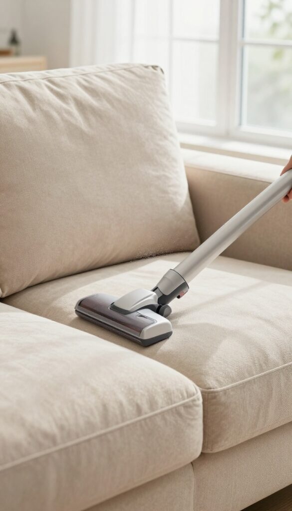 Close-up of a beige fabric couch being vacuumed with an upholstery attachment in bright natural light, showing dust and pet hair being lifted from the fabric.