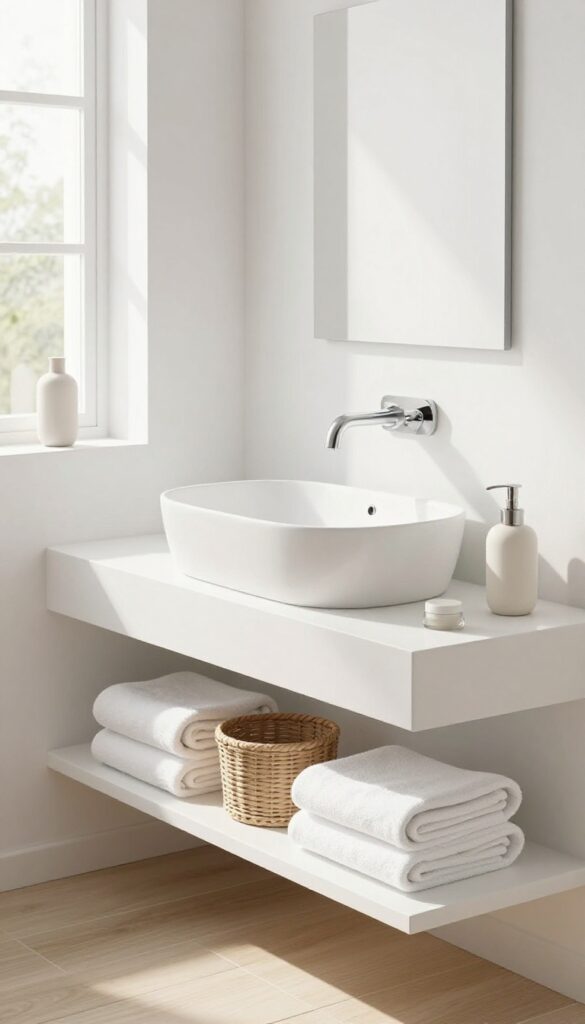 Small bathroom with floating vanity and vessel sink, open shelving underneath, bright natural light