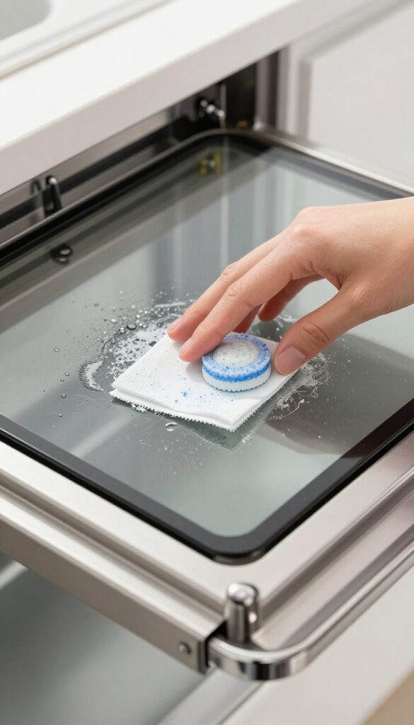 Person cleaning oven door with a wet dishwasher tablet