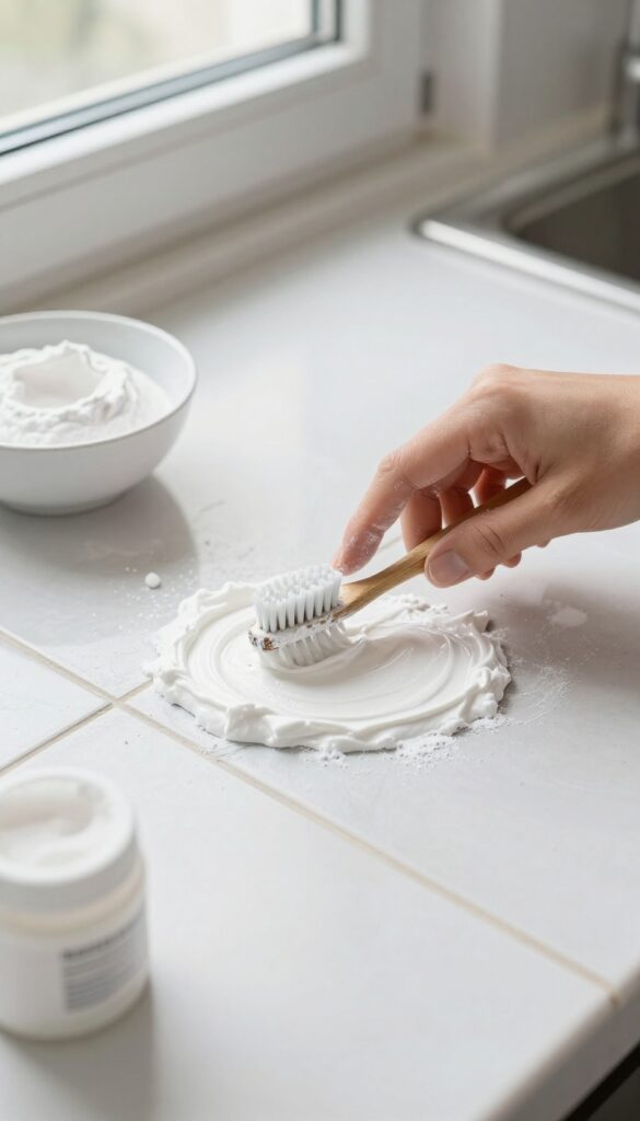 Applying baking soda paste to grout lines with a toothbrush