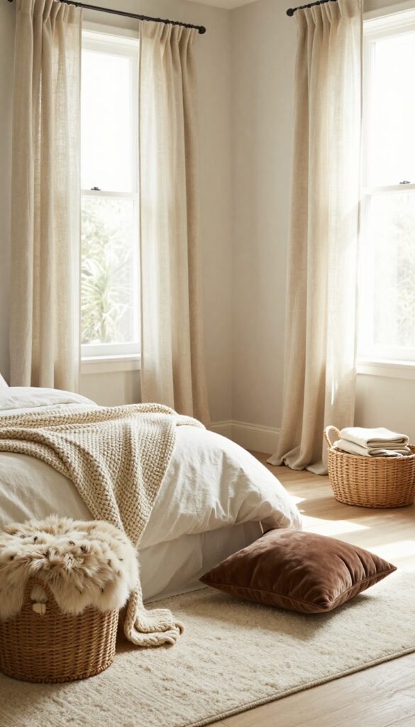 Cozy bedroom with soft textures like plush rug, velvet cushions, linen curtains, and knit throw
