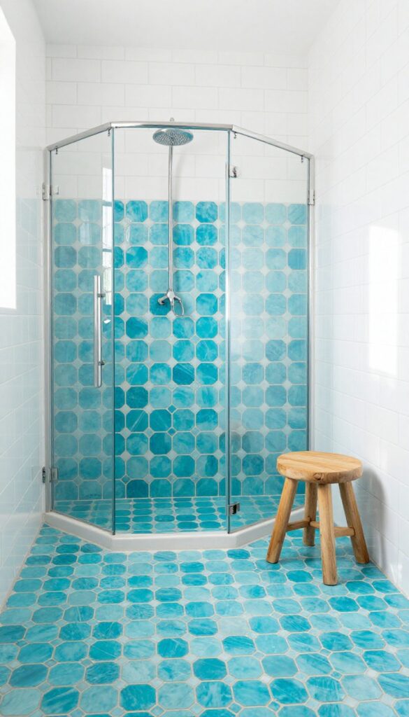 Blue penny tile floor with white subway wall tiles in a bright bathroom shower