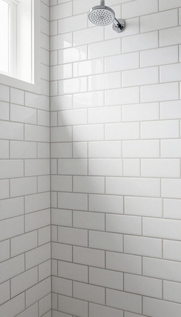 Herringbone pattern accent wall in a shower with glossy subway tiles and contrasting grout