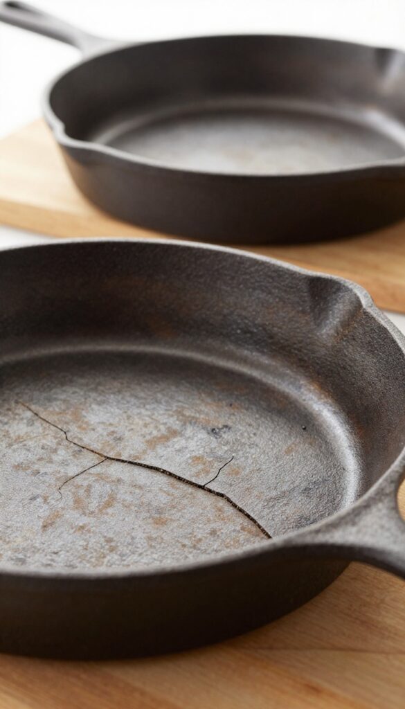 Close-up of a cracked cast iron skillet on a kitchen counter, with a new skillet blurred in the background
