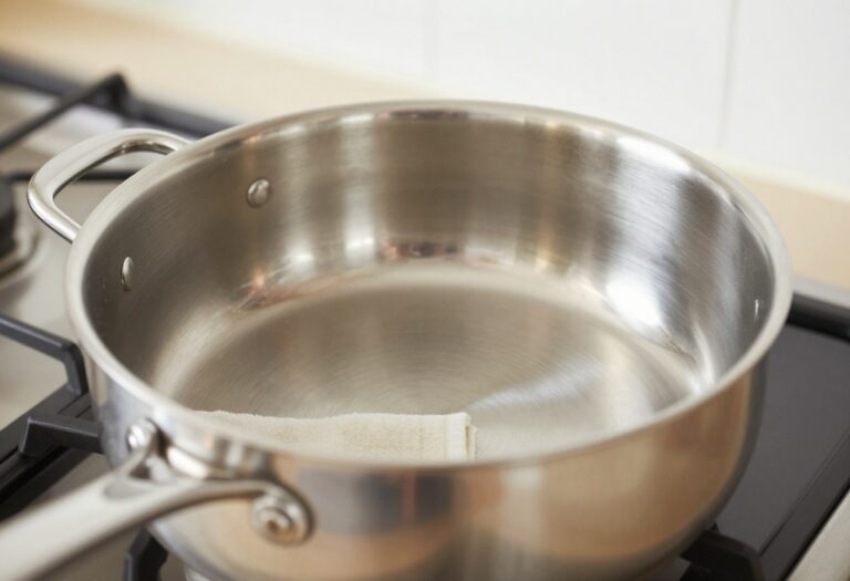 Shiny stainless steel pan being polished with a cloth