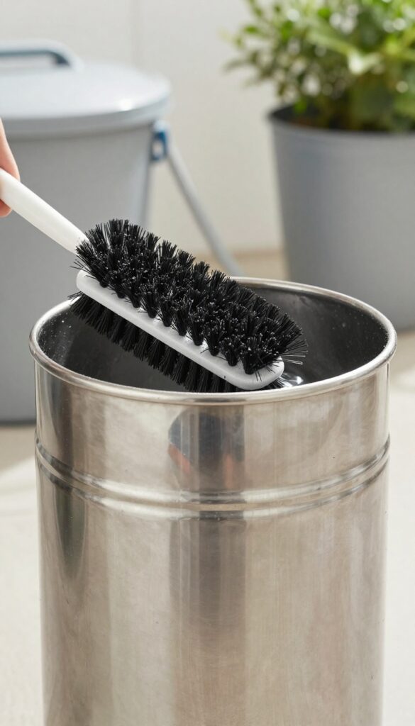 Scrubbing a kitchen trash can with a brush outdoors